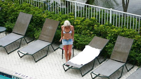 Svelte teen Shay Golden in beautiful bikini shows small tits and spreads her legs 